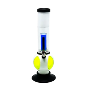 Summer Slice 30cm white cast-acrylic bong, front view with blue percolator, lime petal base and chrome bowl, designed by KIICK AS