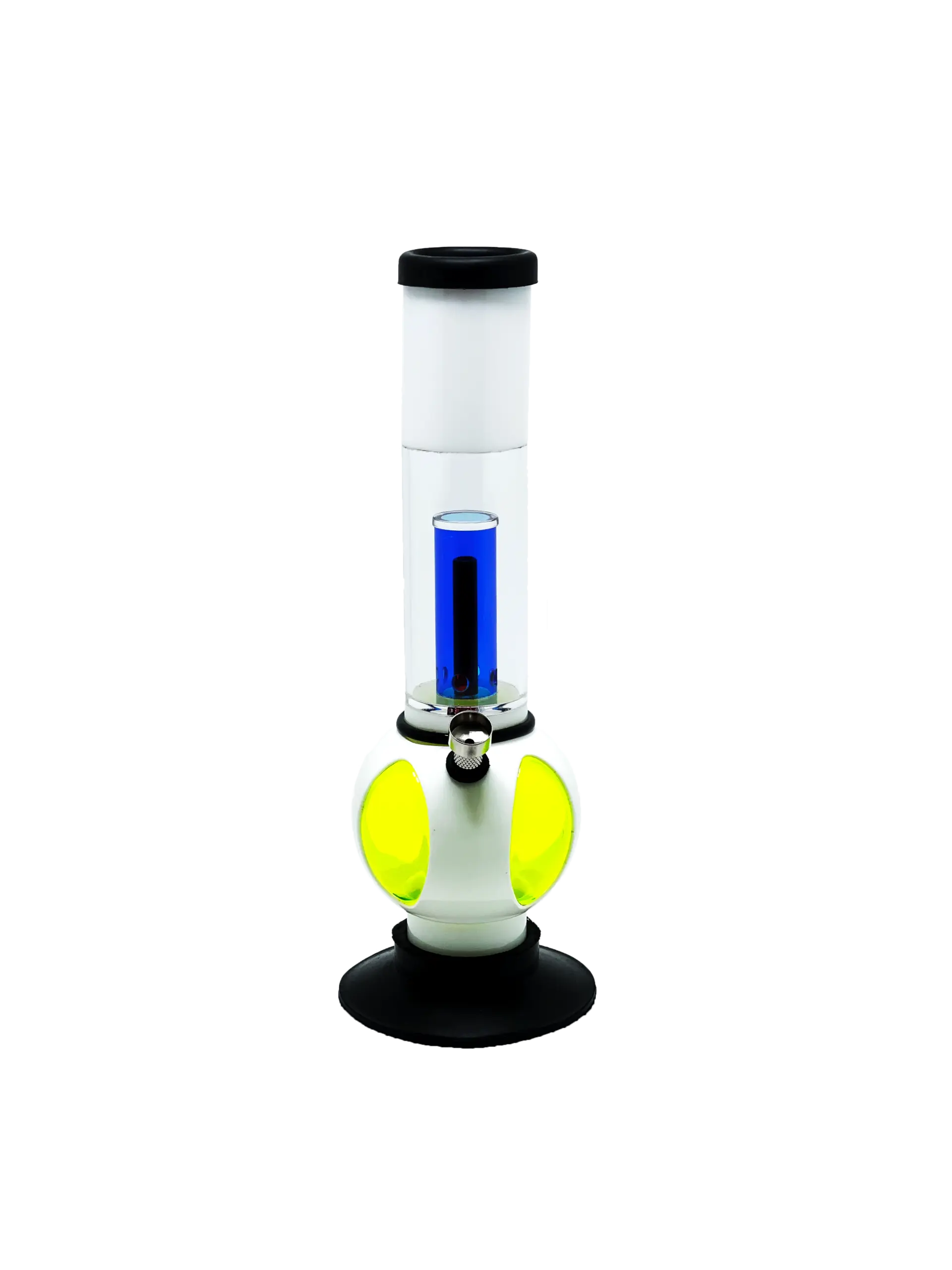 Summer Slice 30cm white cast-acrylic bong, front view with blue percolator, lime petal base and chrome bowl, designed by KIICK AS