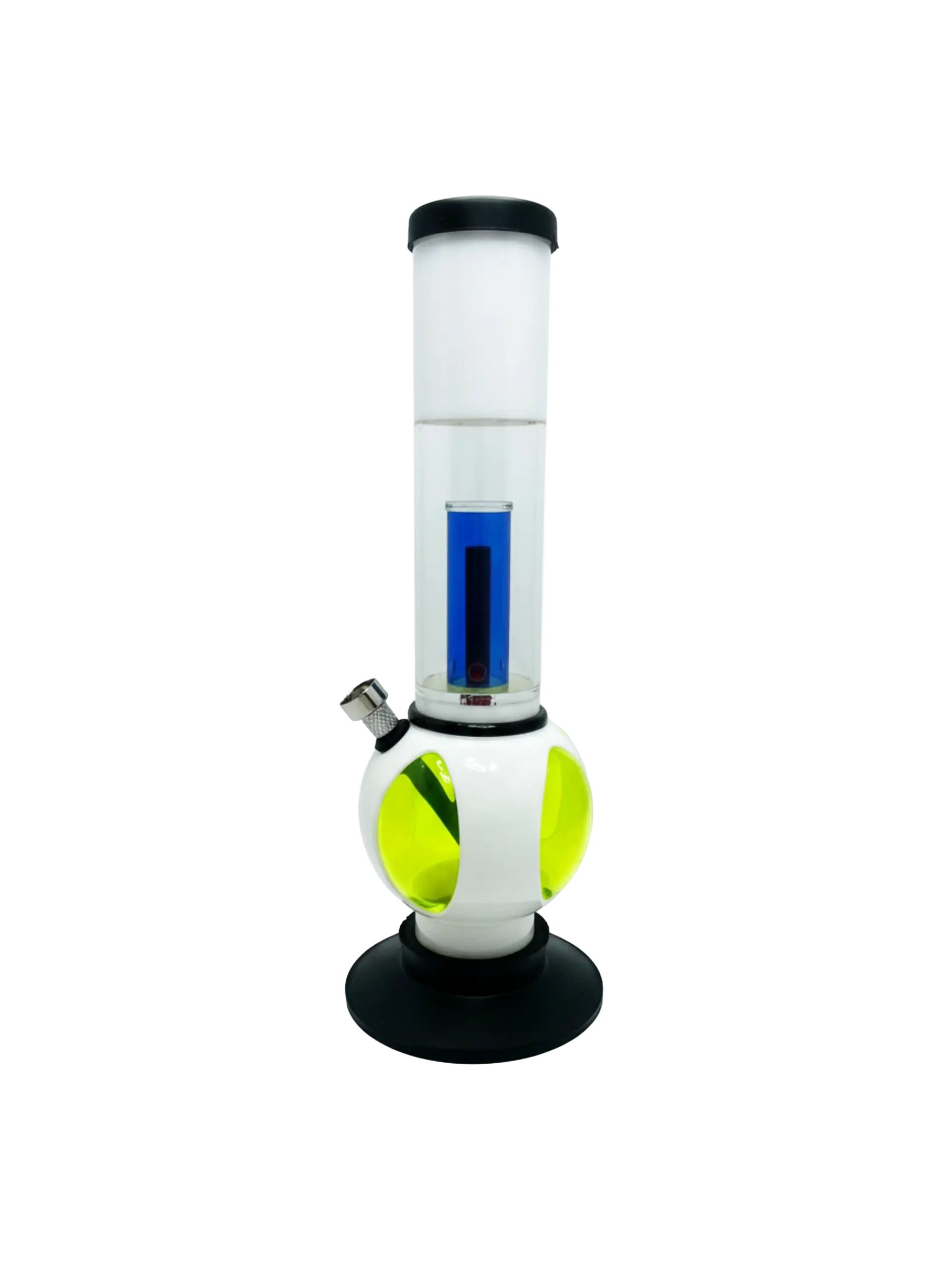 Summer Slice 30cm white cast-acrylic bong, side view with blue percolator and lime petal base, designed by KIICK AS