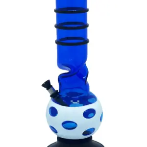 Cold Shoulder 30cm blue cast-acrylic ice bong, side view with black bowl, grip rings and white spotted base jacket, designed by KIICK AS