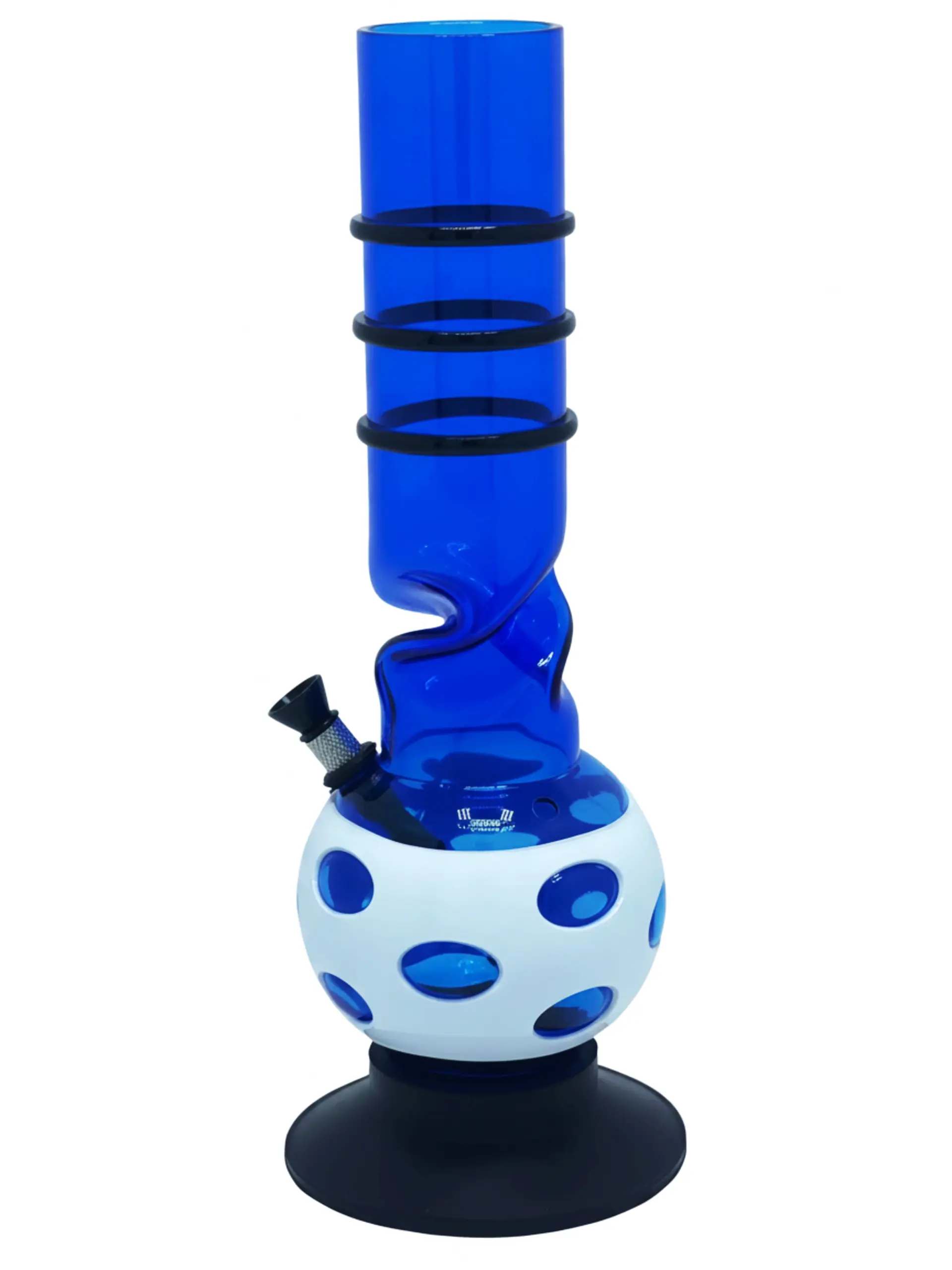 Cold Shoulder 30cm blue cast-acrylic ice bong, side view with black bowl, grip rings and white spotted base jacket, designed by KIICK AS