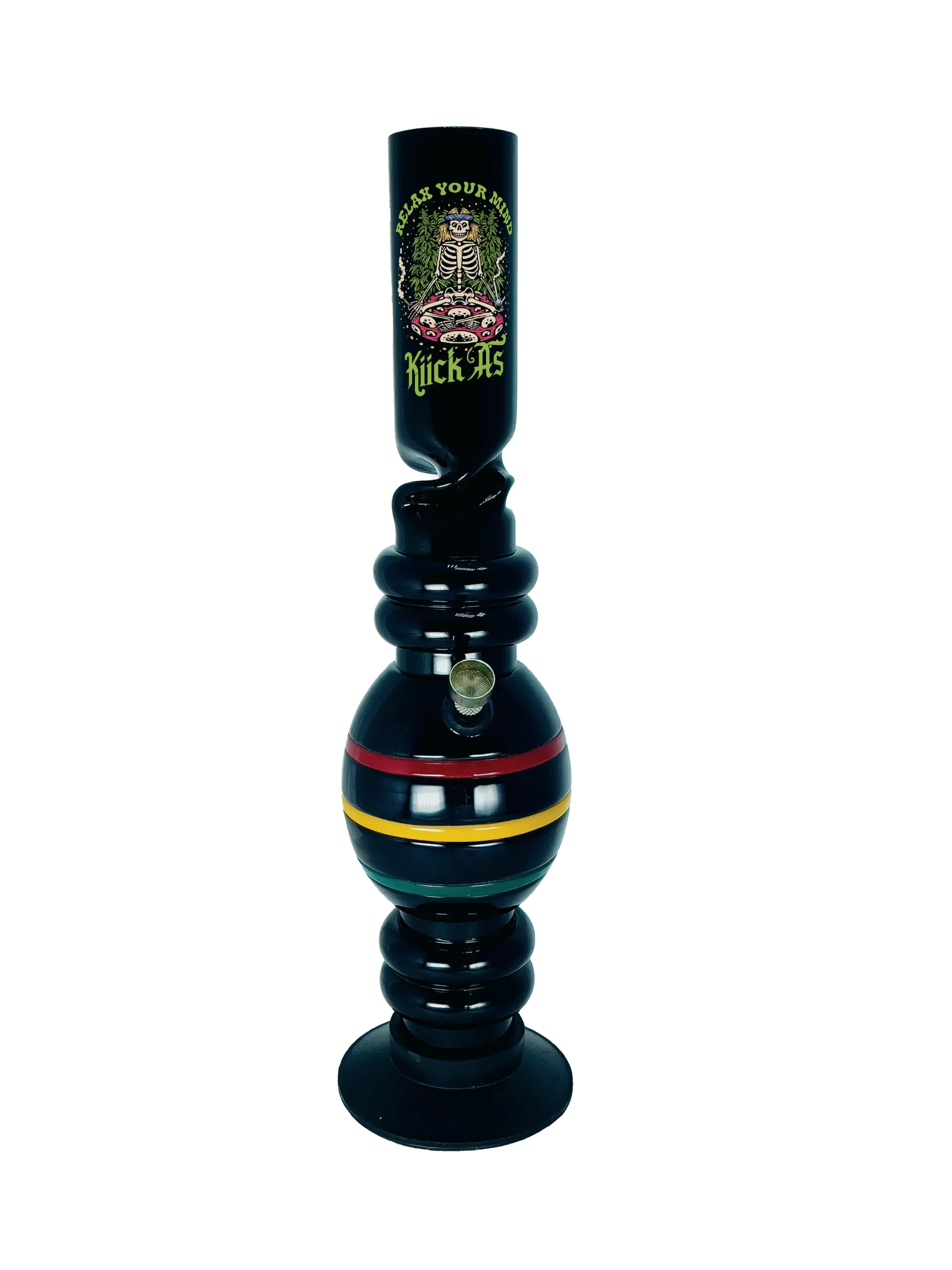 Mighty Rasta 40cm black cast-acrylic ice bong with Rasta grip rings and a twisted blue ice section, by KIICK AS